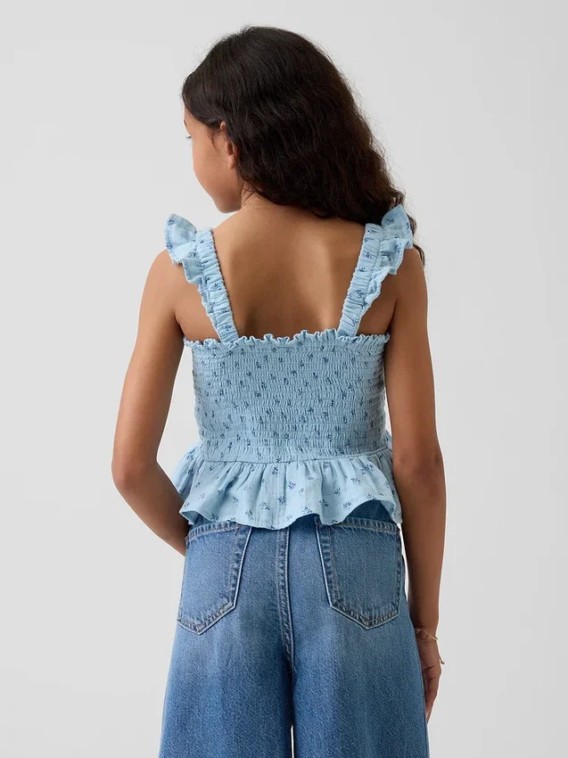 Kinder-top van katoenen gaas met smockwerk en peplum
