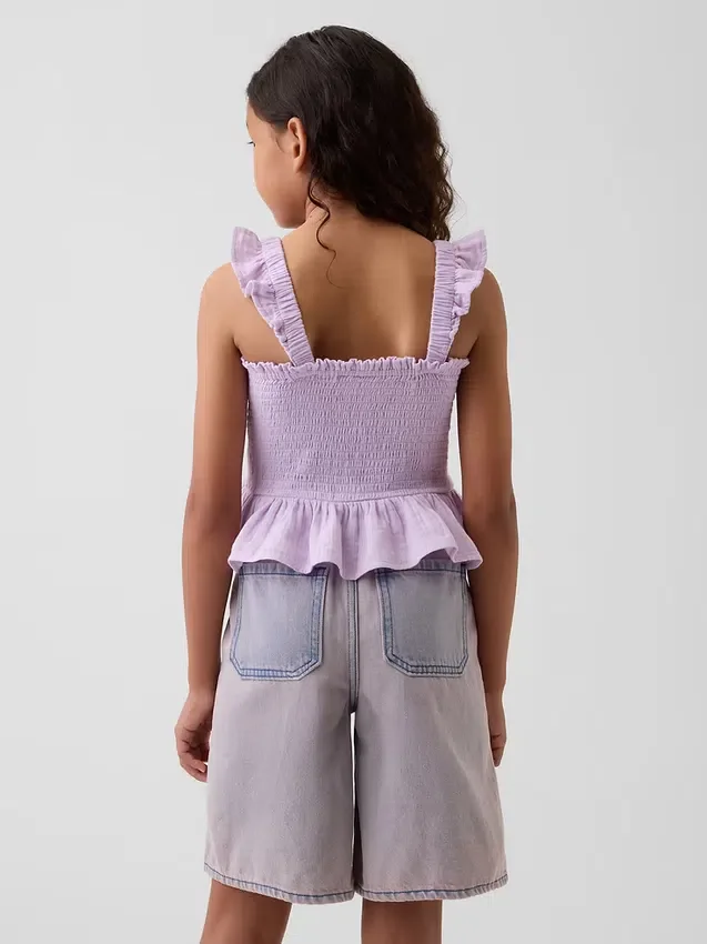 Kinder-top van katoenen gaas met smockwerk en peplum