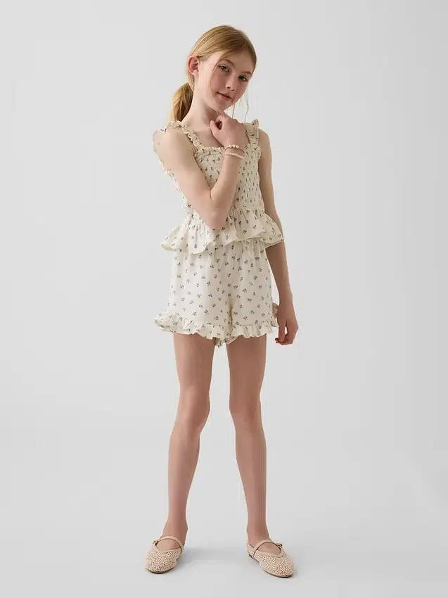 Kinder-top van katoenen gaas met smockwerk en peplum