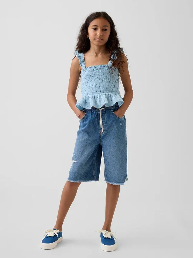 Kinder-top van katoenen gaas met smockwerk en peplum