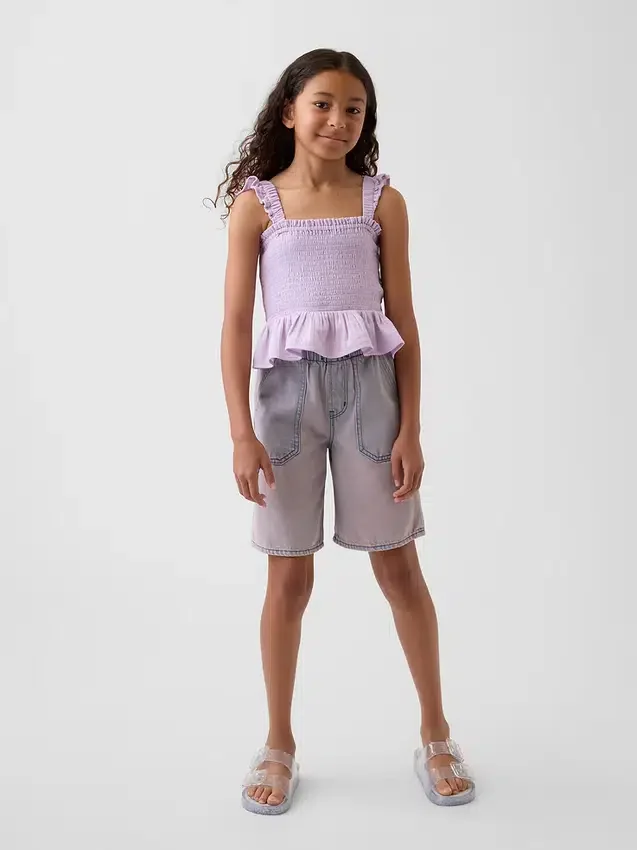 Kinder-top van katoenen gaas met smockwerk en peplum