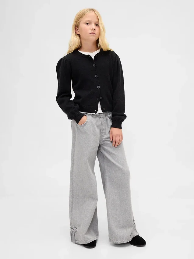 Kinderbaggy-Jeans met lage taille, strik en gespleten zoom