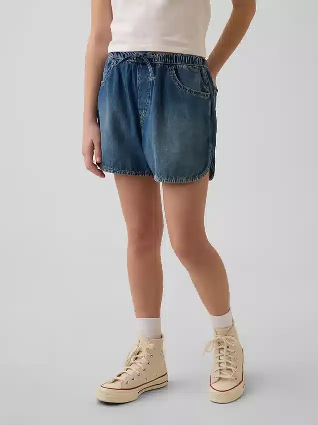 Kinderen: denim korte broeken met hoge taille en dolfin-pasvorm