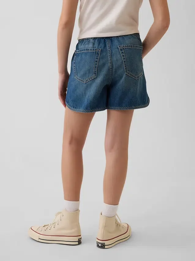 Kinderen: denim korte broeken met hoge taille en dolfin-pasvorm