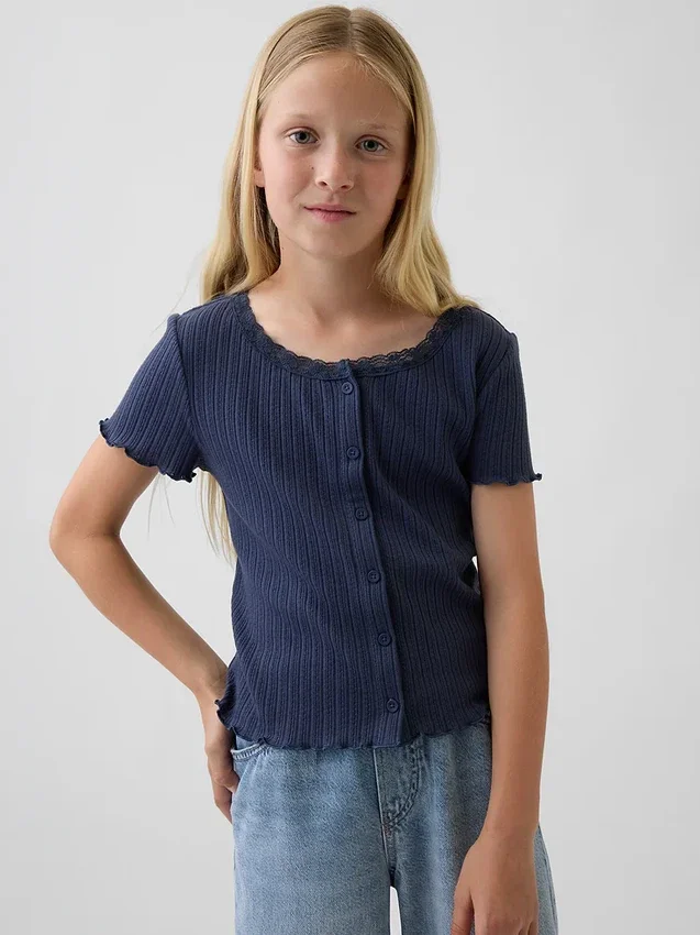 Kinderen Pointelle geribd T-shirt met knoopsluiting aan de voorkant
