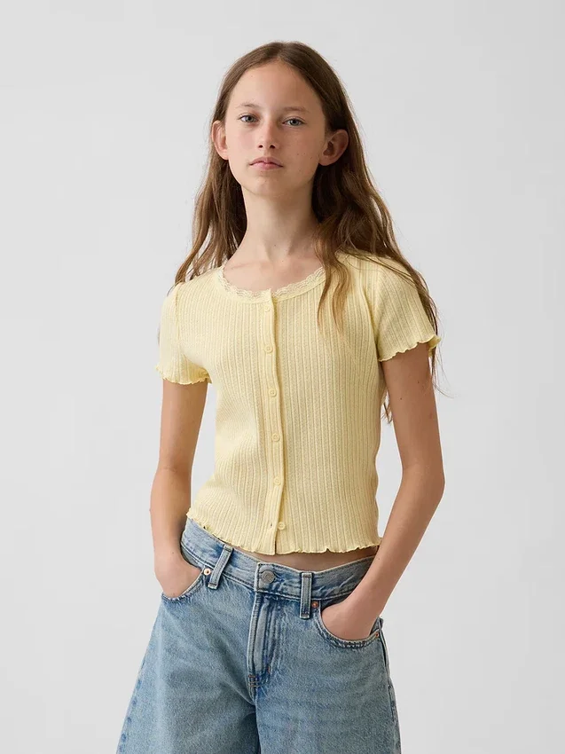 Kinderen Pointelle geribd T-shirt met knoopsluiting aan de voorkant