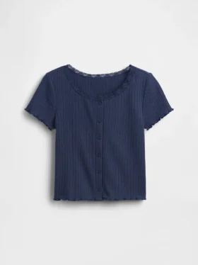 Kinderen Pointelle geribd T-shirt met knoopsluiting aan de voorkant