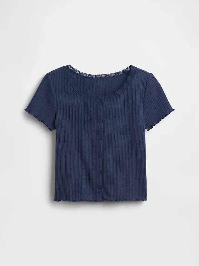 Kinderen Pointelle geribd T-shirt met knoopsluiting aan de voorkant