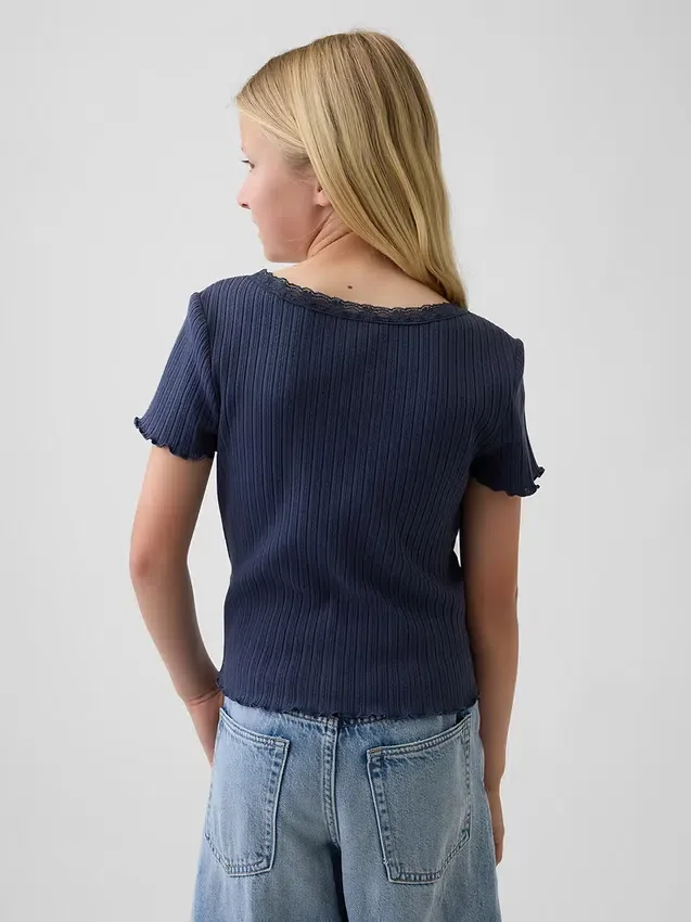 Kinderen Pointelle geribd T-shirt met knoopsluiting aan de voorkant