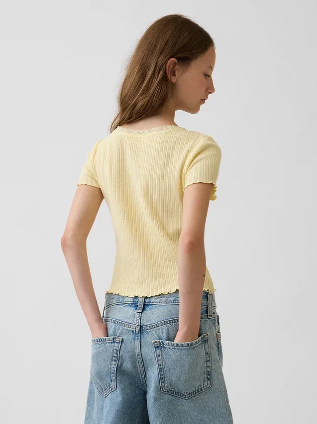 Kinderen Pointelle geribd T-shirt met knoopsluiting aan de voorkant