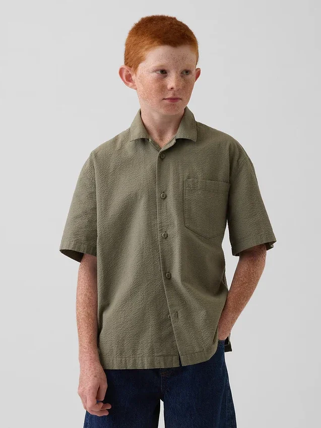 Kinderen: Seersucker-vakantieshirt met textuur en relaxte pasvorm
