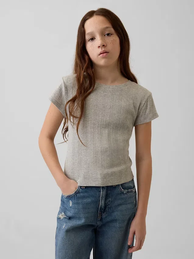 Kinderen T-shirt met gemêleerde ribboord en getailleerde pasvorm