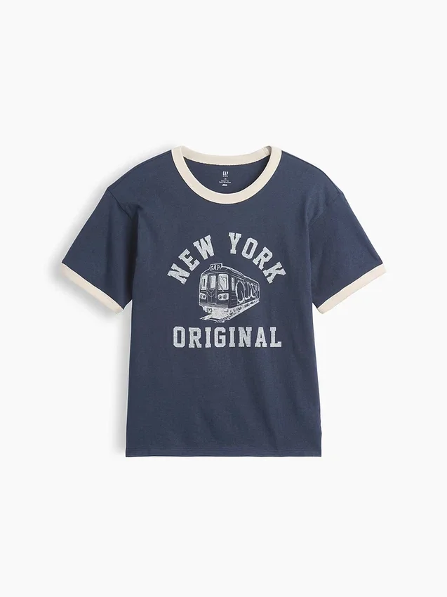 Kinderen: T-shirt met grafische print en ringer-boord in relaxte pasvorm