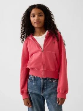 Kinderhoodie met rits, Vintagesoft-badstof en schuine pasvorm