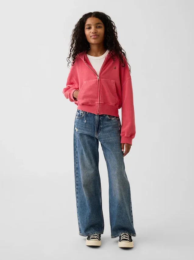 Kinderhoodie met rits, Vintagesoft-badstof en schuine pasvorm