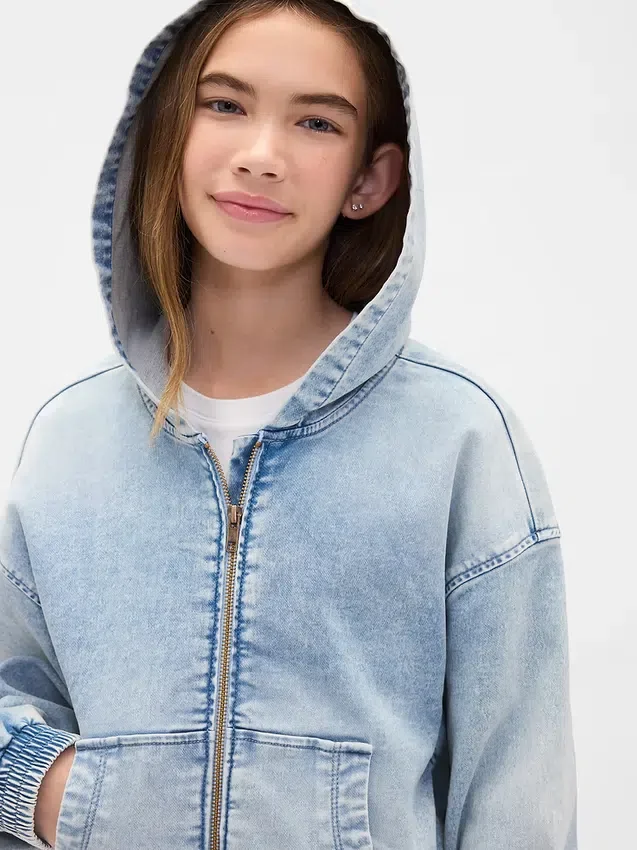 Kinderhoodie van gebreide denim met rits