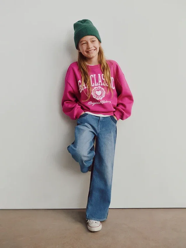 Kinderjeans met hoge taille, wijde pijpen en enkellengte