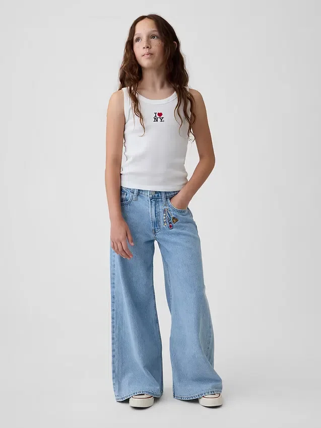 Kinderjeans met lage taille, ‘I Heart NY’-borduursel en baggy pasvorm