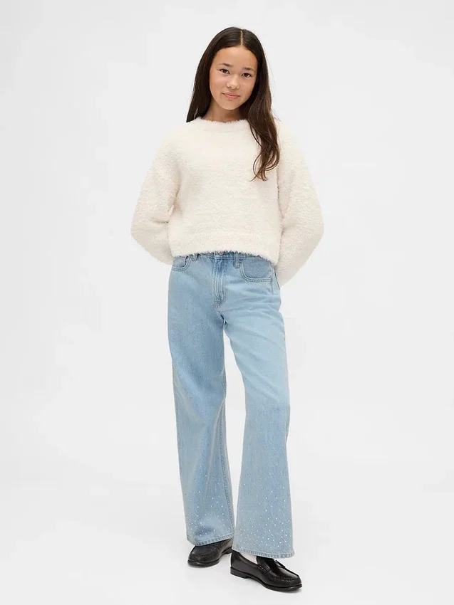 Kinderjeans met lage taille, strikjes en wijde pijpen