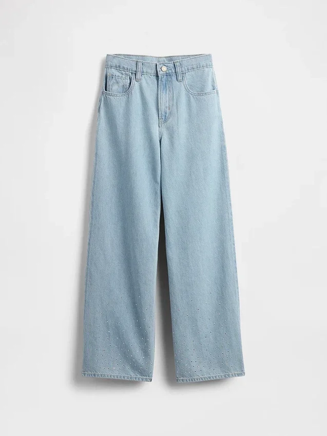 Kinderjeans met lage taille, strikjes en wijde pijpen