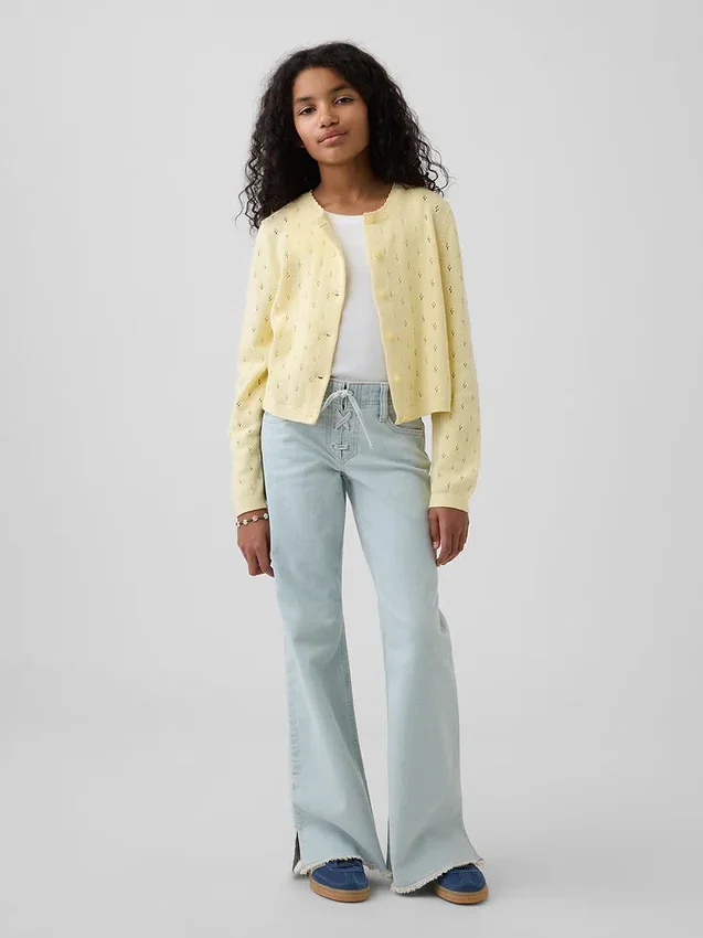 Kinderjeans met lage taille, vetersluiting en relaxte flare