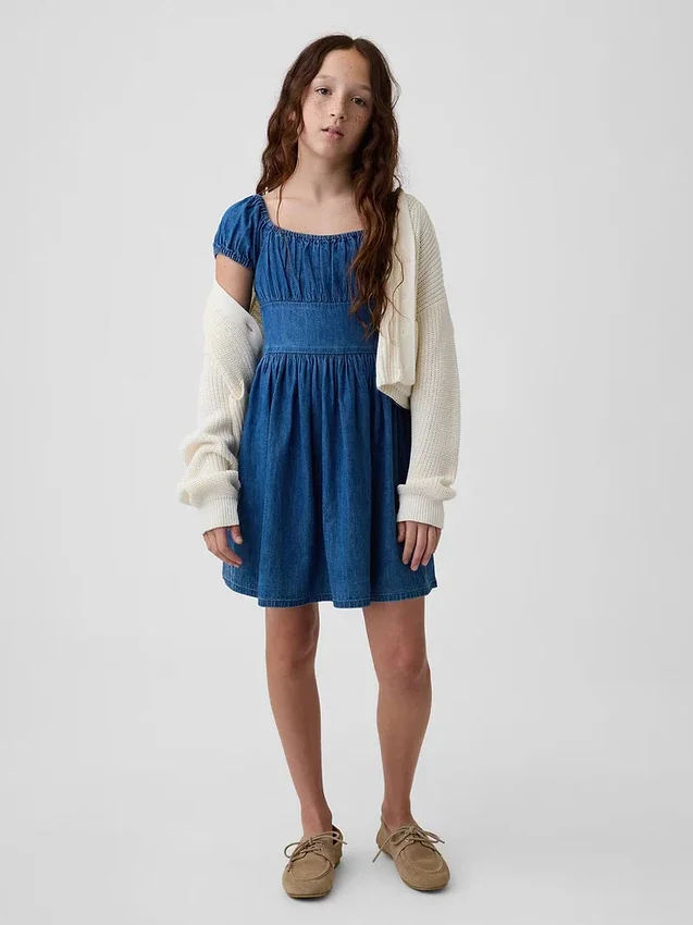 Kinderjeansminijurk met pofmouwtjes
