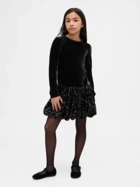 Kinderjurk van gemengde materialen met pailletten en bubbelrok