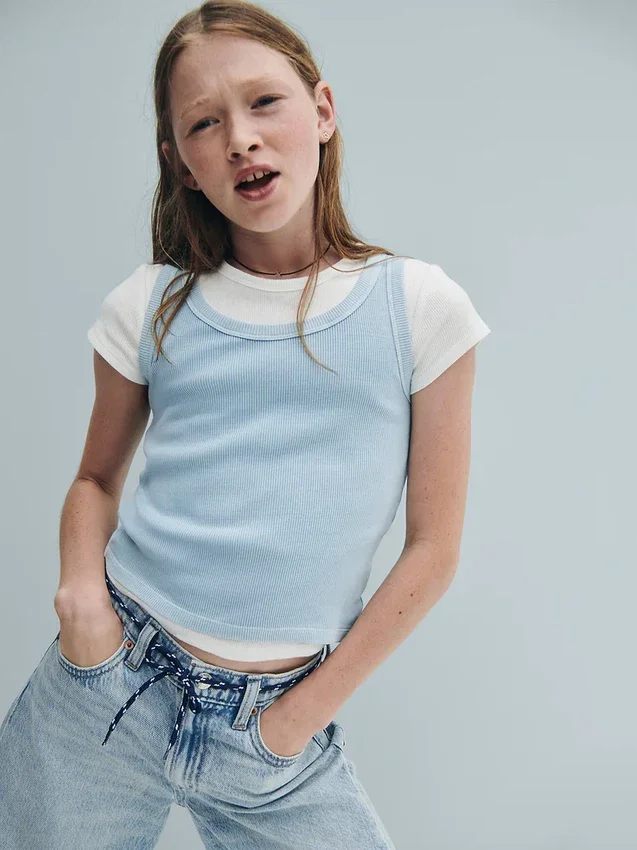 Kindertanktop met ronde hals en ribboord