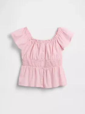 Kindertop met fladdermouwen en knoopsluiting aan de voorkant