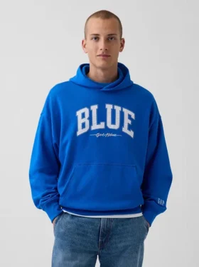 Koop de blauwe, zware hoodie van French Terry met logo
