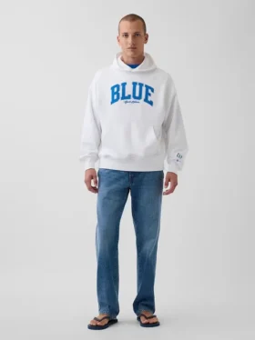 Koop de blauwe, zware hoodie van French Terry met logo