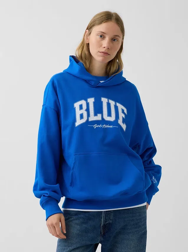 Koop de blauwe, zware hoodie van French Terry met logo