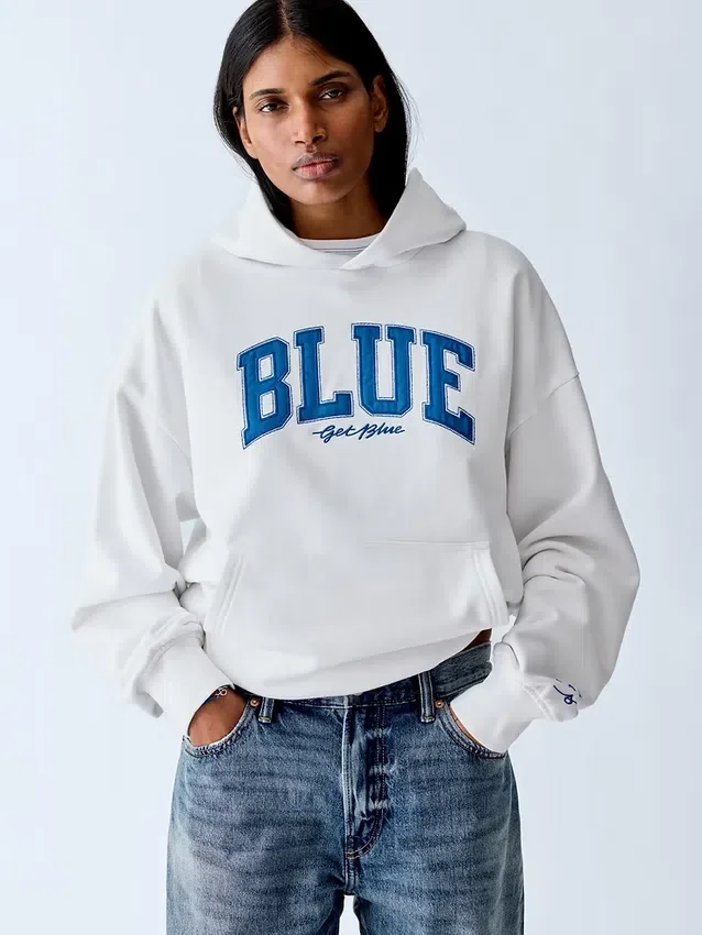 Koop de blauwe, zware hoodie van French Terry met logo
