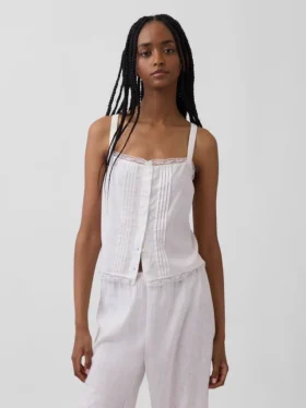 Korte pyjama-tanktop van linnenmix met plooitjes