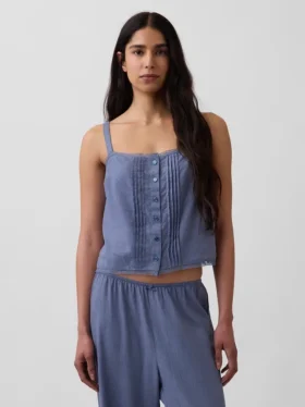 Korte pyjama-tanktop van linnenmix met plooitjes