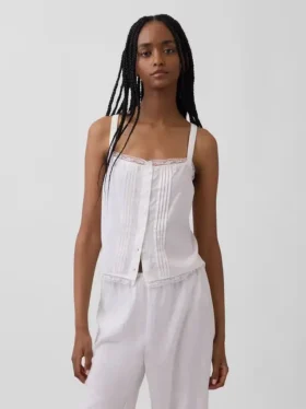 Korte pyjama-tanktop van linnenmix met plooitjes