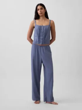 Korte pyjama-tanktop van linnenmix met plooitjes
