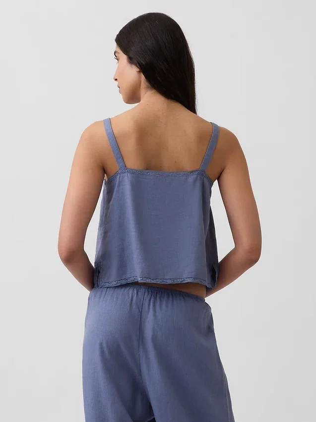 Korte pyjama-tanktop van linnenmix met plooitjes