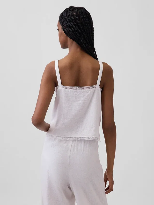 Korte pyjama-tanktop van linnenmix met plooitjes