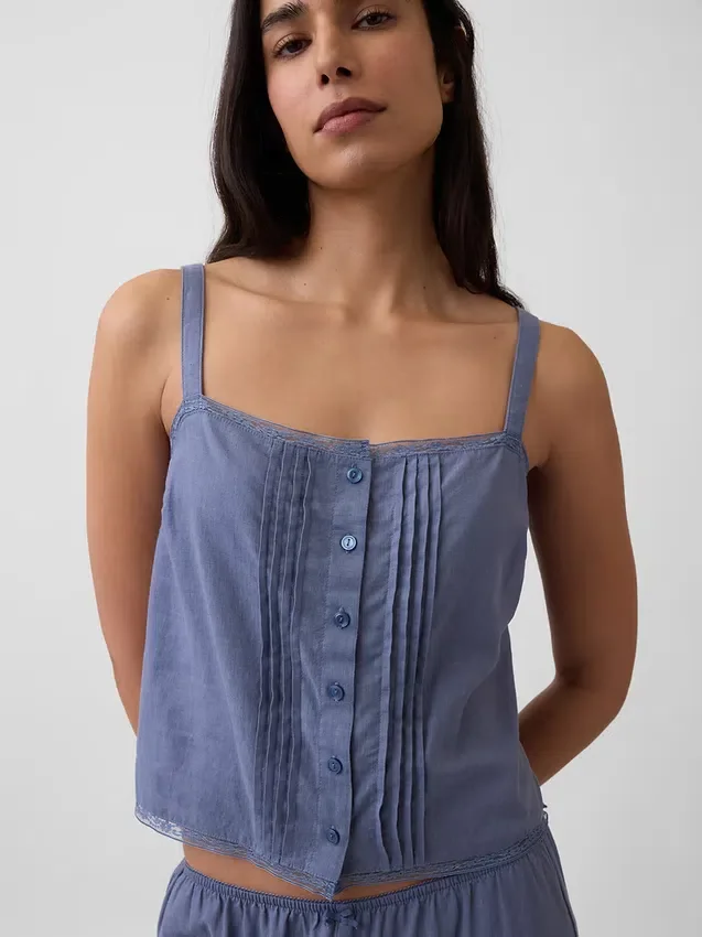 Korte pyjama-tanktop van linnenmix met plooitjes
