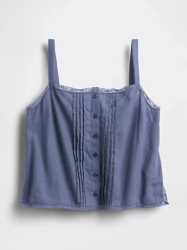 Korte pyjama-tanktop van linnenmix met plooitjes