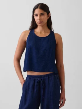 Korte tanktop van katoenen gaasdenim