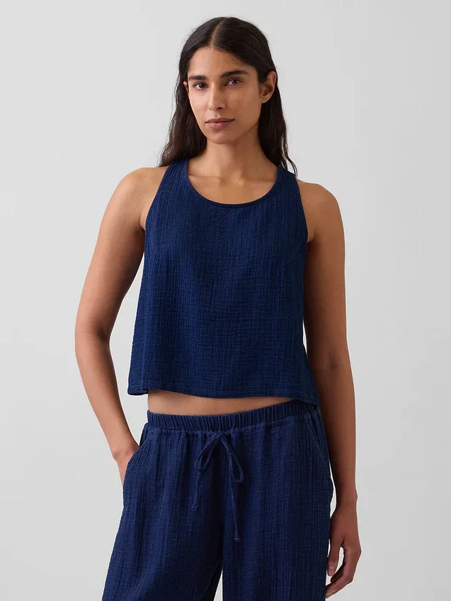 Korte tanktop van katoenen gaasdenim