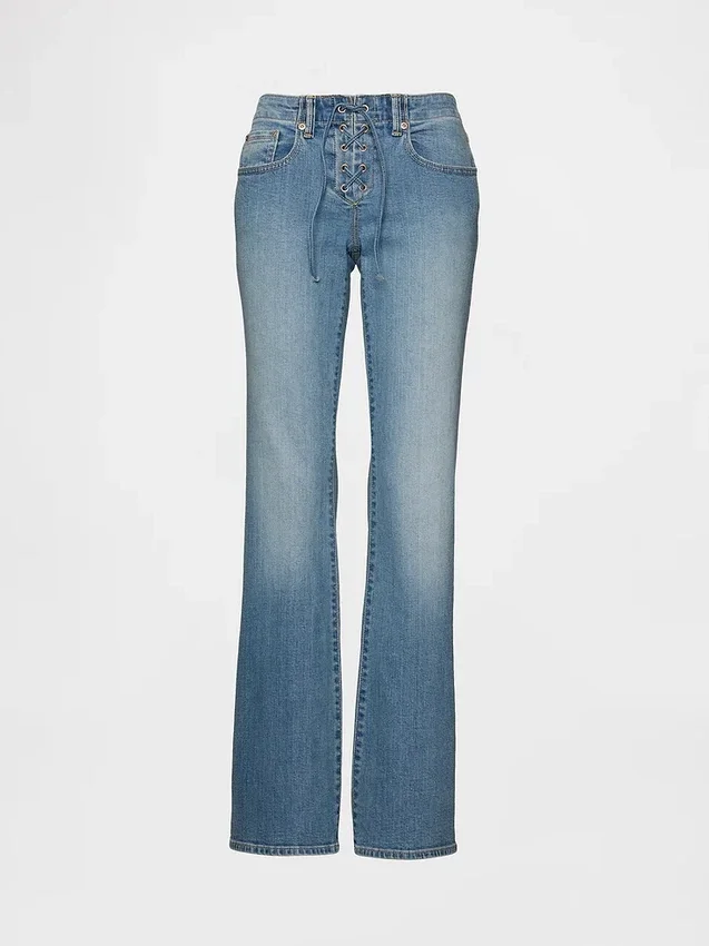 Laag uitgesneden, lange en slanke Jeans met vetersluiting