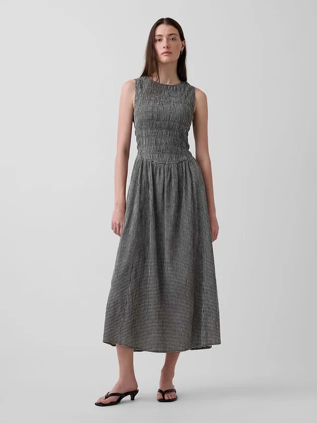 Maxijurk met smockwerk en verlaagde taille in gingham
