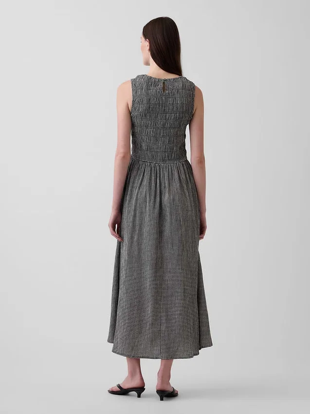 Maxijurk met smockwerk en verlaagde taille in gingham