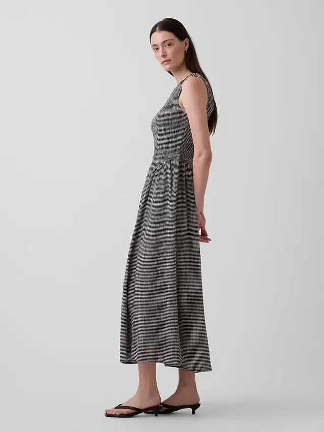 Maxijurk met smockwerk en verlaagde taille in gingham