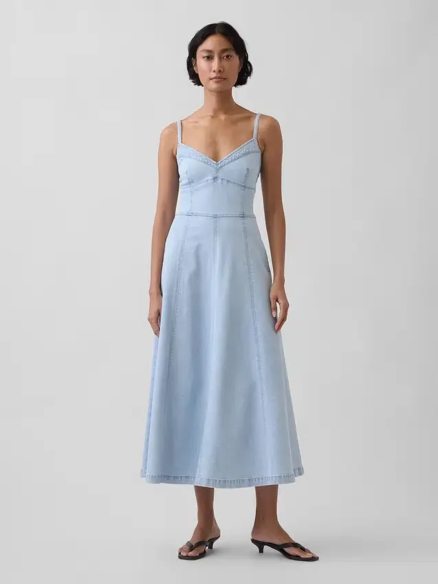 Maxijurk van denim met naad in corsetstijl