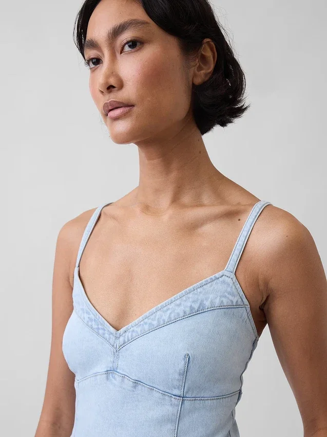 Maxijurk van denim met naad in corsetstijl