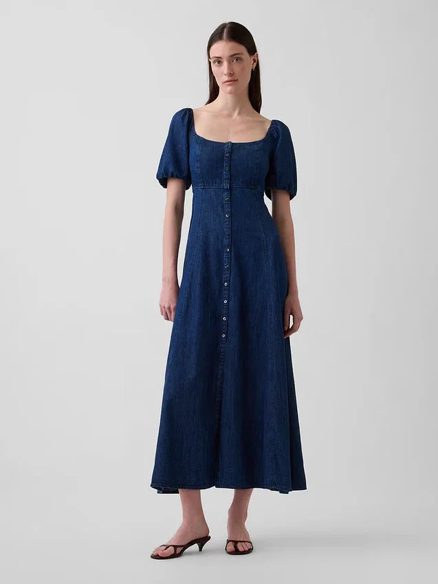 Maxijurk van denim met pofmouwtjes en knoopsluiting aan de voorkant